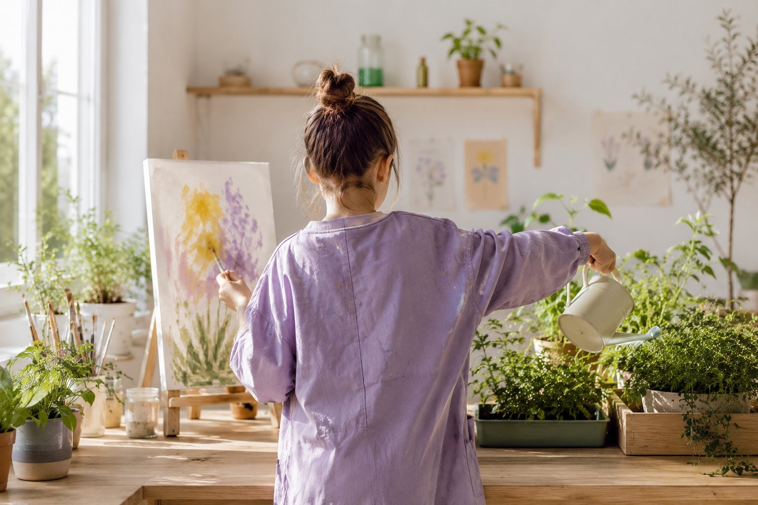 École de la Vie EDLV à Atypi'kids, élève en blouse lavande peignant un tableau aquarelle de fleurs sur chevalet tout en arrosant ses plantes, atelier créatif et sensoriel baigné de lumière, planches botaniques au mur, herbes aromatiques, apprentissage par projet artistique et vivant à Tanger