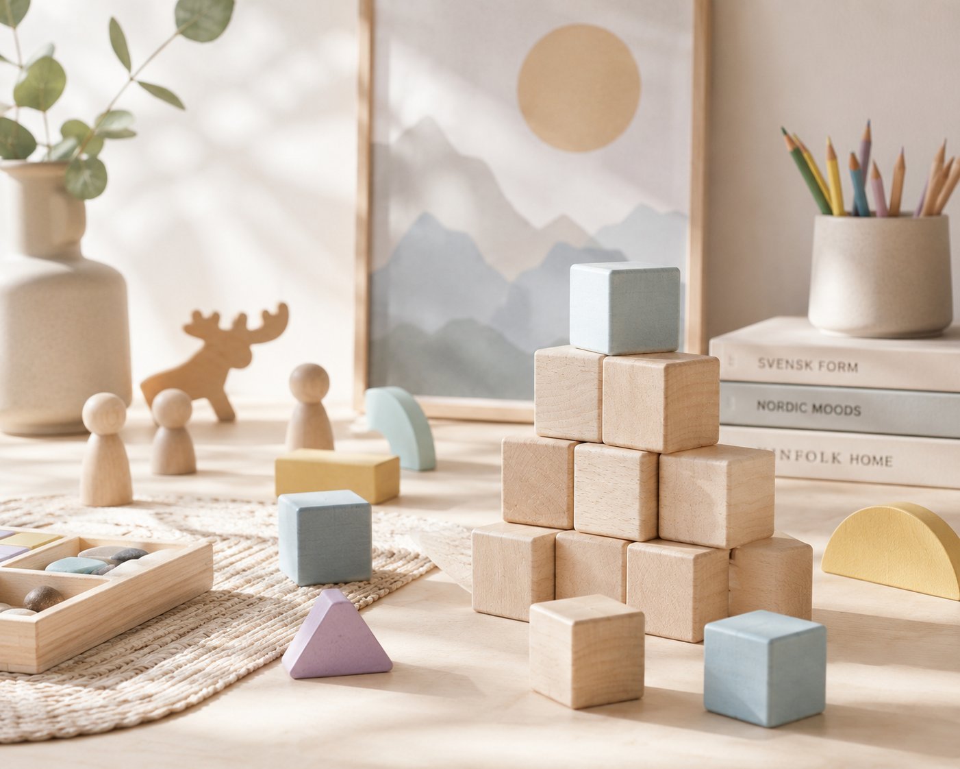 Pédagogie scandinave à Atypi'kids, matériel pédagogique en bois clair, cubes, figurines, élan, blocs colorés pastel lavande ciel et jaune, livres design nordique Svensk Form, Nordic Moods et Hinfolk Home, plante eucalyptus, esthétique scandinave authentique au service de l'apprentissage à Tanger